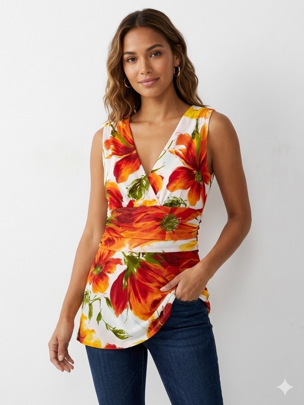 Karen Kane Floral Faux Wrap Tunic Top V-Neck Ruched Waist Sleeveless Size L